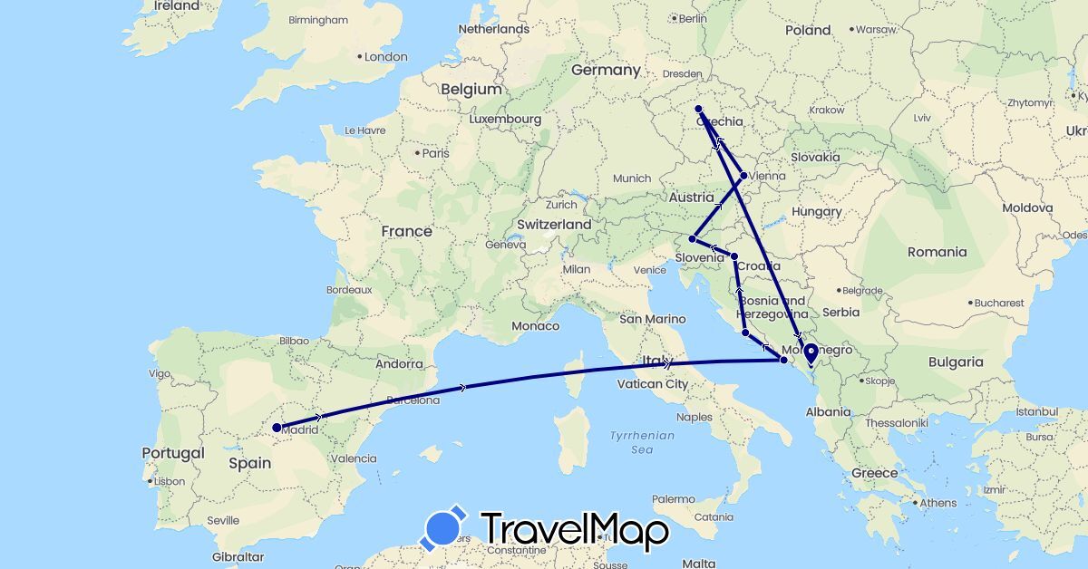 TravelMap itinerary: driving in Austria, Czech Republic, Spain, Croatia, Montenegro, Slovenia (Europe)